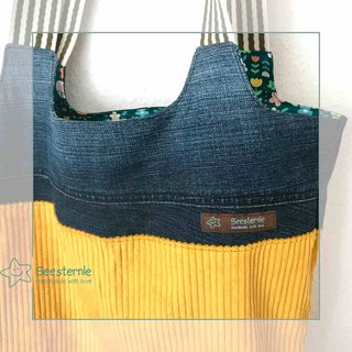 Handgenähte Tasche aus Jeansstoff und gelbem Cord - Details