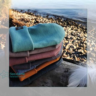 handgefertigte Rip-Beanie grau-meliert, grau, blau, grün, braun, senfgelb