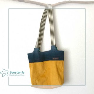 Handgenähte Tasche aus Jeansstoff und gelbem Cord - gesamt